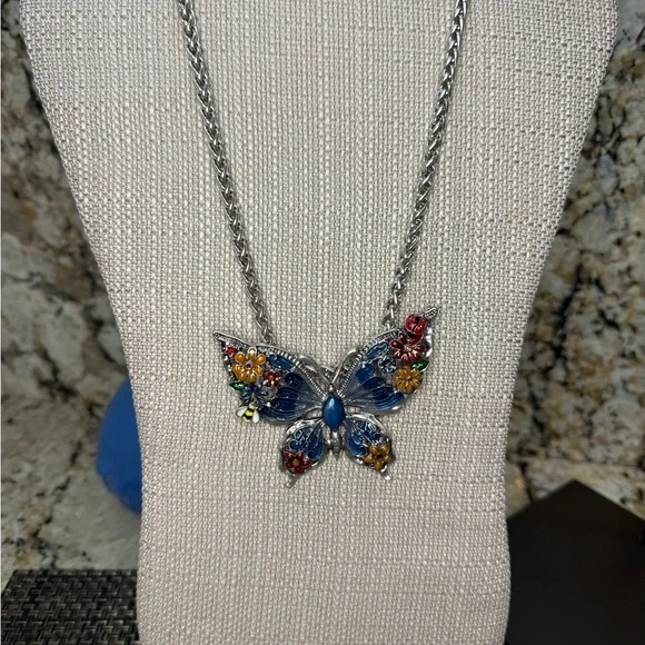NWT Large Silver Butterfly Pendant Necklace with Multicolor Accents - Picture 3 of 10